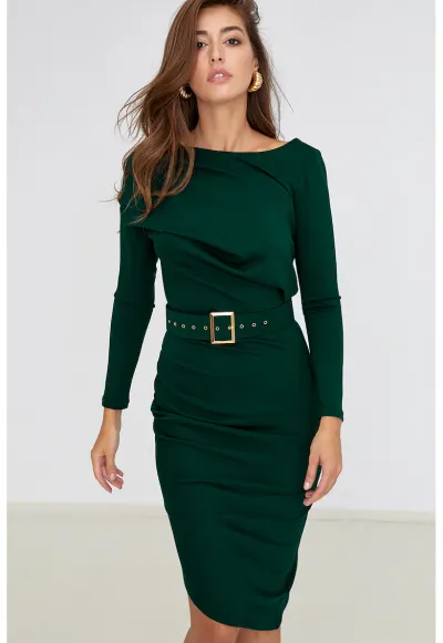Rochie cambrata cu decolteu barcuta - Verde inchis