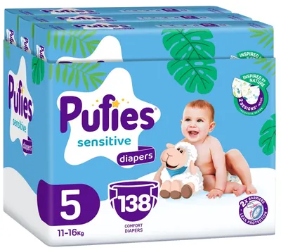 Scutece bebeluși Pufies Sensitive - Mărimea 5, 138 bucăți, 11-16 kg, Maxi Pack 3