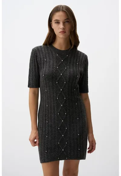 Rochie-pulover cu strasuri - Gri inchis melange