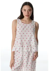 Top de pijama fara maneci cu model cu inimi - Rosu/Alb