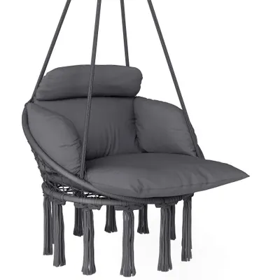 Outsunny Scaun suspendat cu pernă mare umplută hamac fotoliu suspendat cu franjuri kit de suspendare 80 x 60 x 40 cm gri închis | Aosom Romania