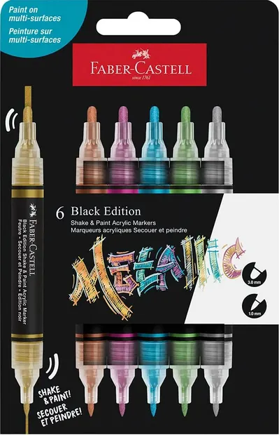 Set de markere acrilice cu două capete Faber-Castell Black Edition - 6 culori metalice