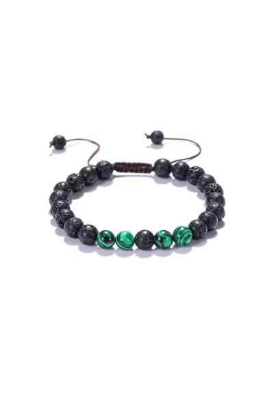 Bratara aromaterapie ”ENID” - ajustabila cu snur din pietre de Lava (Vulcanice) si pietre de Malachit Verzi - neagra - 18-19 cm