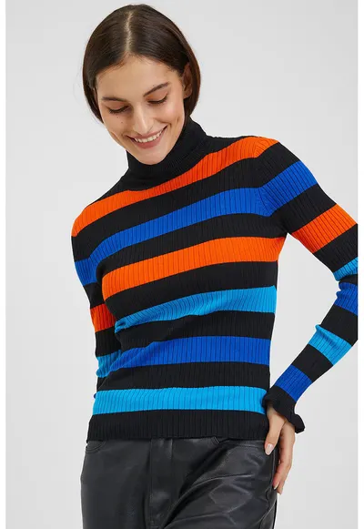 Pulover slim fit cu dungi - Negru/Portocaliu/Albastru