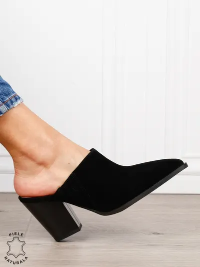Pantofi dama eleganti cu toc gros si varf ascutit din piele naturala intoarsa CRL1609 Negru