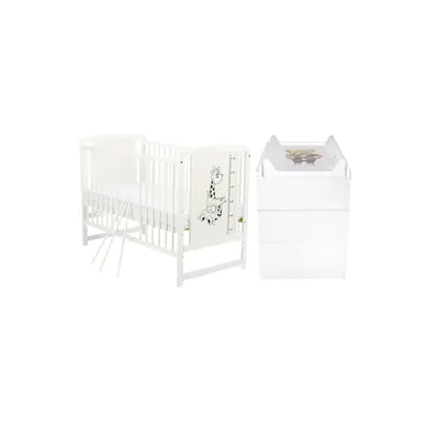 Set mobilier pentru copii, BabyNeeds: Patut din lemn de pin, cu somiera reglabila in 3 trepte, Timmi Girafa, 120x60 cm + Saltea cocos-burete 10 cm + Comoda cu masa de infasat, Alb
