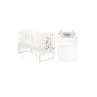 Set mobilier pentru copii, BabyNeeds: Patut din lemn de pin, cu somiera reglabila in 3 trepte, Timmi Girafa, 120x60 cm + Saltea cocos-burete 10 cm + Comoda cu masa de infasat, Alb