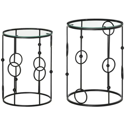 HOMCOM Set de 2 Măsuțe de Cafea Stivuibile din Metal și Sticlă Securizată, Design Modern Ø41x57cm și Ø36x51cm, Negru | Aosom România