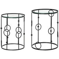 HOMCOM Set de 2 Măsuțe de Cafea Stivuibile din Metal și Sticlă Securizată, Design Modern Ø41x57cm și Ø36x51cm, Negru | Aosom România