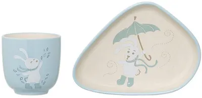Set din ceramica Bloomingville Bunny - Pahar si farfurie, albastre