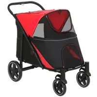 PawHut Cărucior Pliabil pentru Câini cu 4 Roți, Intrări cu Fermoar și Ferestre din Plasă, 112x65x100 cm, Roșu | Aosom Romania