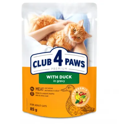 CLUB 4 PAWS, Rață, plic hrană umedă pisici, (în sos), 85g