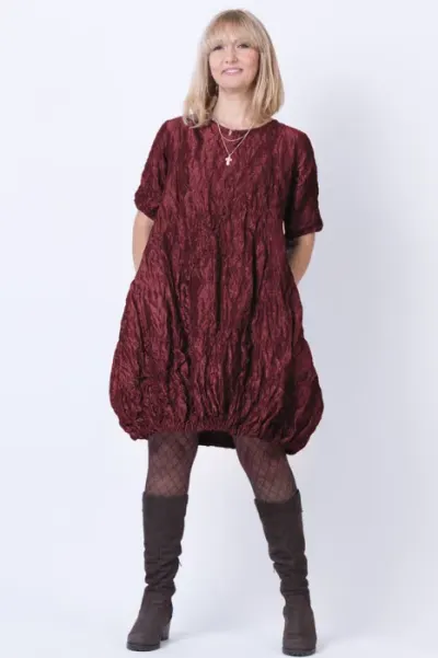 Rochie midi gogosar din tafta cu memorie, bordo metalizat