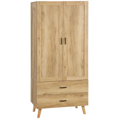 HOMCOM Dulap Dormitor 2 Uși cu 2 Sertare și Bară pentru Umerașe 80x54x180 cm Lemn | Aosom Romania