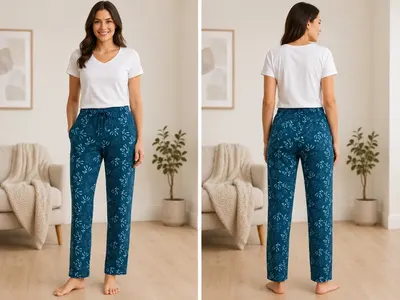 Pantaloni de Pijama Dama, 100% Bumbac, Albastru Petrol cu Imprimeu Floral