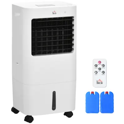 HOMCOM Răcitor Evaporativ 3 în 1, Ventilator cu Gheață și Umidificator, 3 Viteze, 9 Moduri, Telecomandă, Roți și Timer, 65W, Alb | Aosom Romania