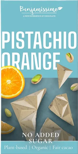 Ciocolată albă organică cu fistic și portocală, 60 g, Benjamissimo