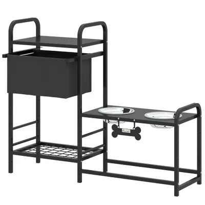 PawHut Bol ridicat pentru câini, reglabil pe înălțime, cu spațiu de depozitare, 2 x boluri din oțel inoxidabil 800 ml, 89,5x27x74 cm, Negru | Aosom Romania