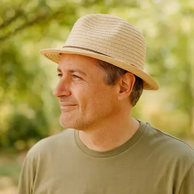 Pălărie de plajă bărbați Aristo, natur, stil fedora, cu șnur decorativ maro, ușoară și respirabilă, protecție solară, diametru 27 cm