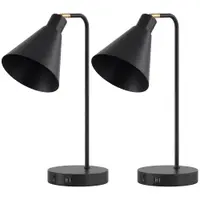 HOMCOM Set de 2 Lămpi de Masă Moderne din Oțel cu Porturi USB, E27, Becurile Nu Sunt Incluse, Negru | Aosom Romania