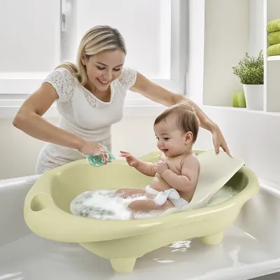 Cadita cu suport anatomic Hippo verde eco, designul usor si compact, cu dop de scurgere , 6 luni+