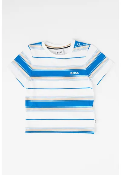 Tricou cu model in dungi si detaliu logo - Alb/Bleumarin