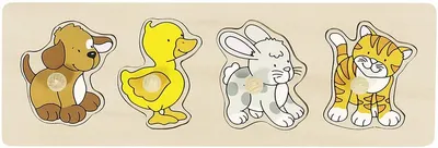 Puzzle din lemn cu manere Goki - Caine, rata, iepure si pisica