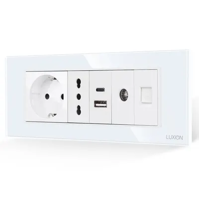 Priza Schuko + Ingusta + Dubla USB + TV + Internet cu Rama Din Sticla LUXION, Standard Italian, 6M