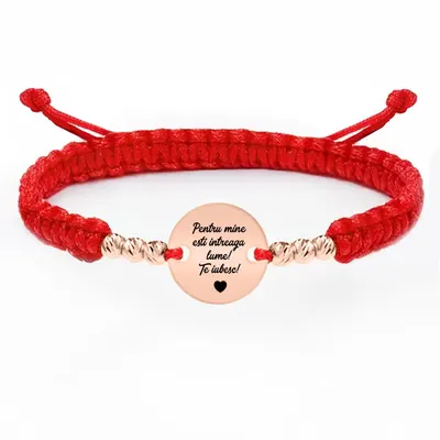 Mara - Bratara personalizata snur impletit 6 bile si banut din argint 925 placat cu aur roz