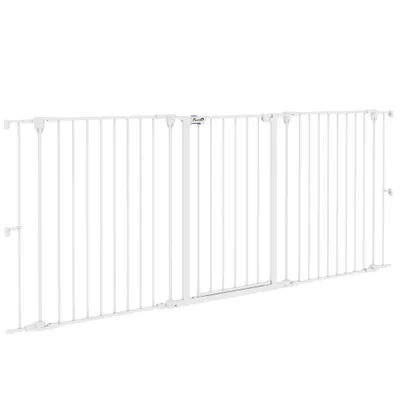 PawHut Poartă pentru Câini cu 3 Panouri și Sistem Dublu de Închidere, Barieră pentru Câini pentru Scări, Uși, Holuri, 206x90 cm, Alb | Aosom Romania