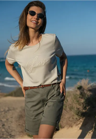 Tricou dama din bumbac cu inscriptie - Comfort Fit - T-Ris - crem