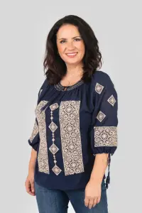 Ie traditionala bleumarin cu motiv geometric crem Tamara 02