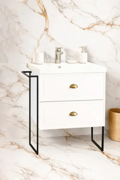 Set Baza front MDF si Lavoar seria 796, cu sertare, cadru metalic, montat, 60 cm, alb rustic