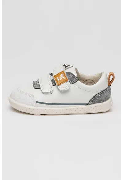 Pantofi sport de piele si piele intoarsa cu velcro - Alb optic/Gri inchis