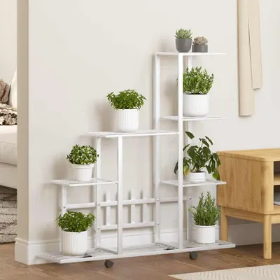 vidaXL Suport pentru flori cu roți, 94,5x25x92,5 cm, alb, metal