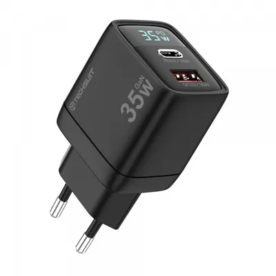 Incarcator Retea Techsuit CH3 LEDChargX Display, 35W, 3A, 1 x USB-A - 1 x USB-C, Negru