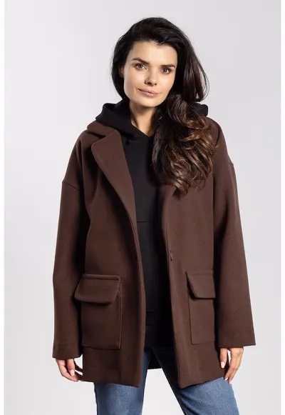 Geaca dama oversize - buzunare - confortabila - ciocolatiu - poliester si raion