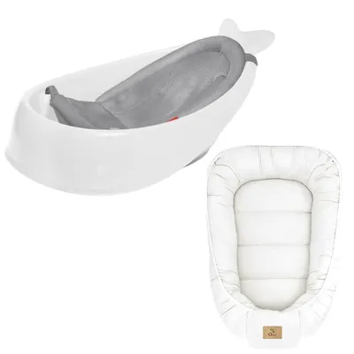 Set Cadita inteligenta, Skip Hop, Pentru 3 etape de crestere, Alb si cosulet bebelus, Qmini, 55 x 75 cm, Husa 100% muselina dubla, Cream