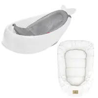 Set Cadita inteligenta, Skip Hop, Pentru 3 etape de crestere, Alb si cosulet bebelus, Qmini, 55 x 75 cm, Husa 100% muselina dubla, Cream