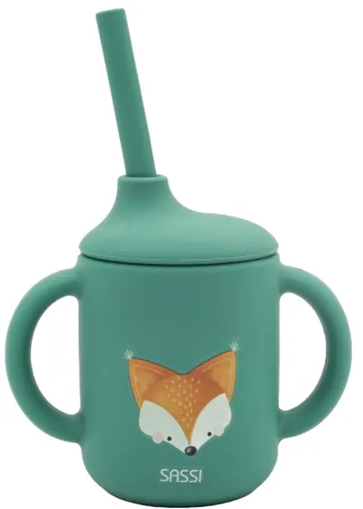 Cană din silicon cu paie Sassi - Crunchy the Fox, verde