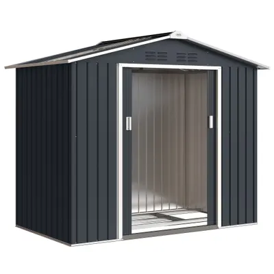 Outsunny Magazie de grădină metalică 2,77 m², 213 x 130 x 185 cm cu fundație, uși culisante, gri închis | Aosom Romania