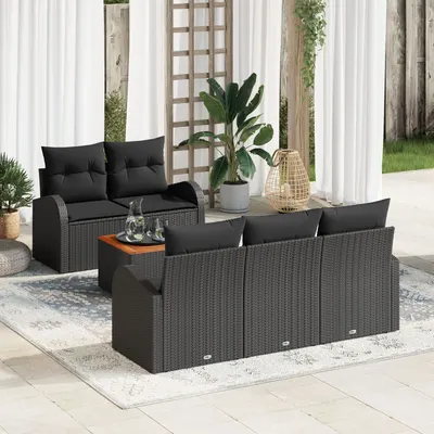 Set canapea gradina Gossi cu 6 piese si perne negre din ratan poli, lemn de acacia, canapea gradina Gossi cu 2 locuri, cu depozitare & perne negre din ratan poli