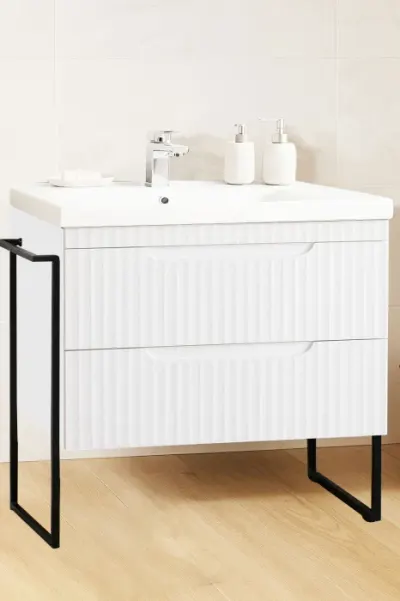 Set Baza front MDF si Lavoar seria 733, cadru metalic, sertare, montata, 80 cm, alb rustic