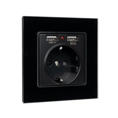 German Type Socket 16a 2xusb Glass Frame Bl+c. Box