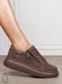 Pantofi Casual Damă din Piele Naturală intoarsa cu Fermoar Lateral CRL1801 TAUPE