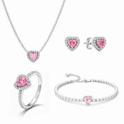 Set bijuterii Inel,Cercei,Bratara si Colier Pink Heart Cu Argint
