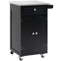 HOMCOM Căruț de servire pentru bucătărie pe roți, multiple spații de depozitare, 1 sertar, dulap cu 2 uși și raft, suport prosop, MDF negru, oțel inoxidabil | Aosom Romania