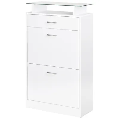 HOMCOM Dulap pentru Pantofi cu 2 Uși pe 2 Niveluri, Sertar și Raft din Sticlă, Dulap pentru Pantofi, 60x24x105,5 cm, Alb | Aosom Romania