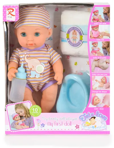 Păpușă care face pipi Moni Toys - Haină cu dungi, 31 cm