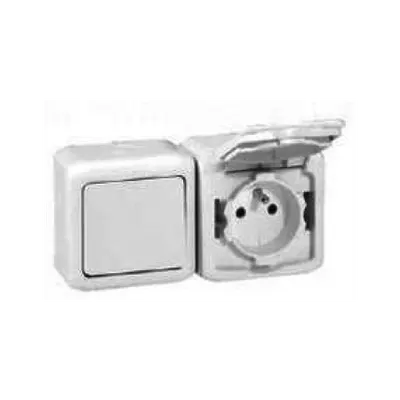 Intrerupator simplu + Priza Schuko 2P+T, 16 A - 250 VA cu protectie pentru copii, IP44, alb